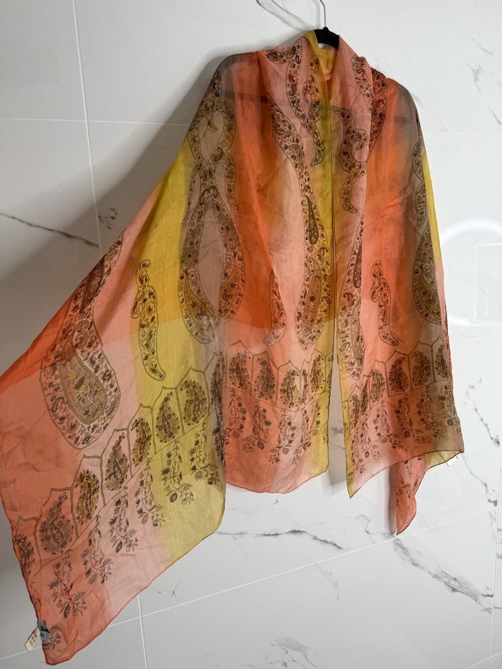 VTG Silk mark Orange Yellow Silk Scarf 28"x74" Stunning paisley Boho Shawl